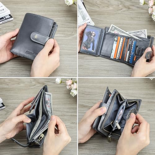 Contacts Bifold Wallet Small Leather Zipper Coin Purse for Women and Men 12 Slot Card Holder with RFID Blocking (Grey)2