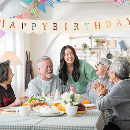 Image of Doumeny Happy Birthday Burlap Banner Boho Birthday Garland Bunting Bohemian Party Hanging Flag White Happy Birthday Bunting Garland Rainbow Party Banner for Women Men Birthday Photo Backdrop