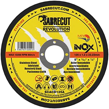 6 x SabreCut SCACD125A 125mm (5") x 22.23mm Bore Professional Abrasive Stainless Steel INOX Cutting Angle Grinder Circular Saw Discs Compatible with Bosch Dewalt Makita Milwaukee and Many Others