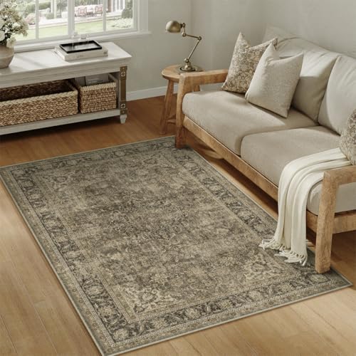 3x5 Washable Brown Vintage Area Rug for Entryway Non-Slip Low Pile Traditional Carpet Retro Distressed Soft Thin Door Mat Small Accent Throw Rug for Office Kitchen Bathroom Indoor