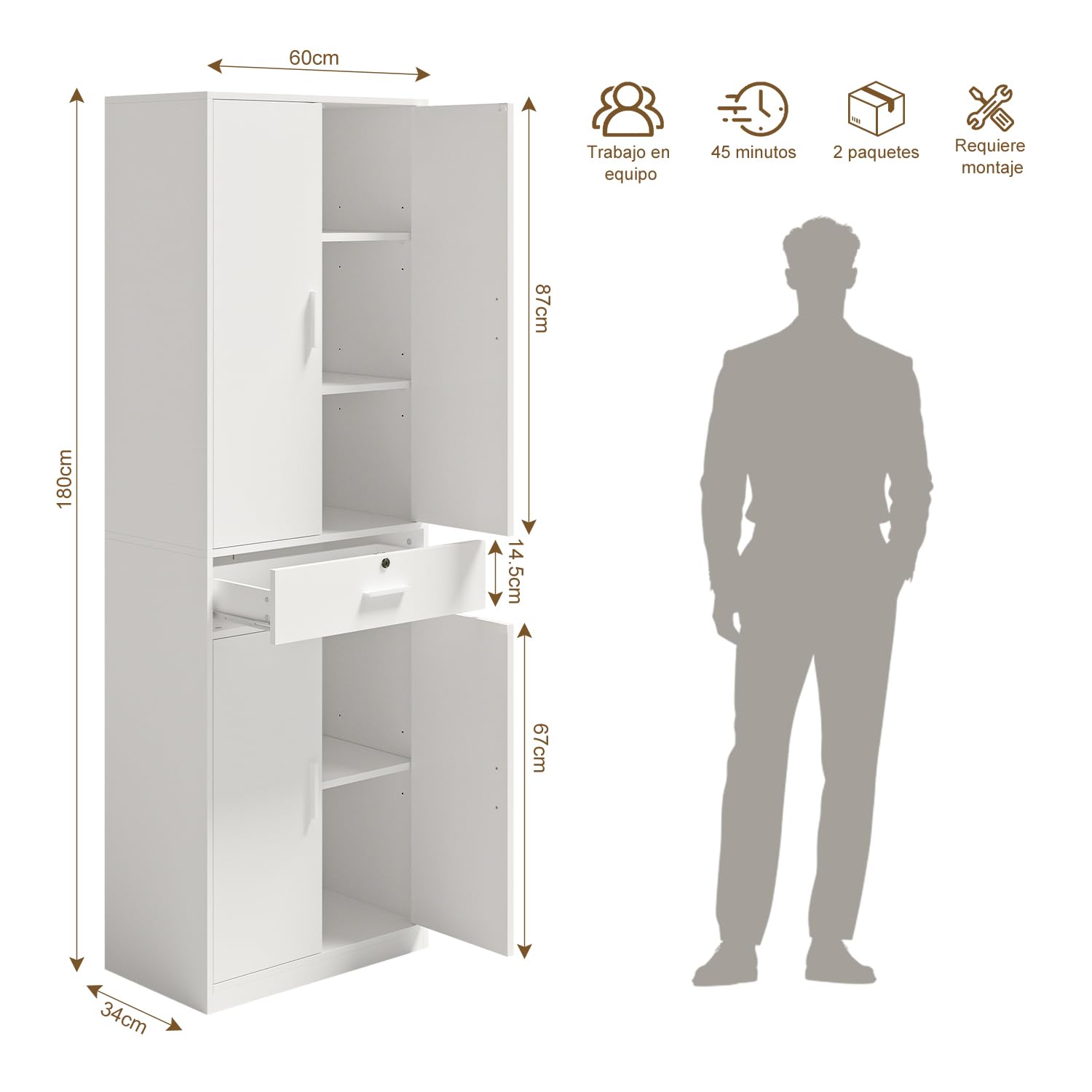 Armario de Oficina Multifuncional con llave Cajones y Cerradura, Blanco | Armario de Almacenamiento Multifuncional con 5 Niveles y Baldas Ajustables, Para salón, dormitorio despacho，60 x 180 x 34 cm