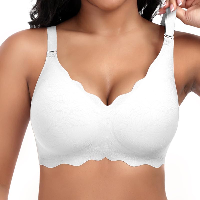 Jiuday Damen BH ohne Bügel Spitzen Soft BH Große Brüste Starker Halt Push Up Bügelloser BHS Gepolstert Seamless Bequemer Nahtloser Bra V-Ausschnitt Bralette (Weiß,L)