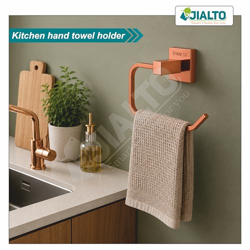 Image of JIALTO Rose Gold Finish Towel Ring - Wall Mounted Stainless Steel Rustproof Towel Holder for Bathroom and Kitchen - Square Hand Towel Hanger for Wash Basin Toilet Sink Area (Pack of 2)