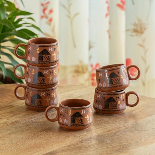 Image of ExclusiveLane 'Warli Village Tales' Ceramic Tea Cups Set of 6 for Tea Cups Ceramic (150 ml, Microwave Safe, Dishwasher Safe)| Coffee Cup Set Ceramic Cups Set of 6 Tea Cup Ceramic Drinkware