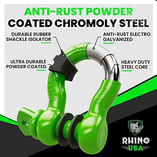 Image of Rhino USA D Ring Shackles (2-Pack) - 41,850lb Break Strength - Heavy Duty 3 /4 inch Clevis Shackle with 7 /8 Pin for Towing & Off-Road Use - Pairs with Tow Strap for Vehicle Recovery (Green)