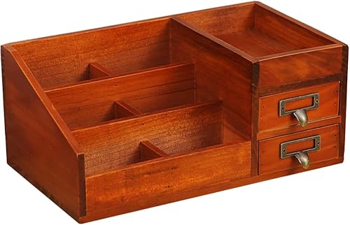Zerodeko Organizador de escritorio de madera vintage soporte para lápices cosméticos de maquillaje papelería con 3 cajones para sombras de ojos