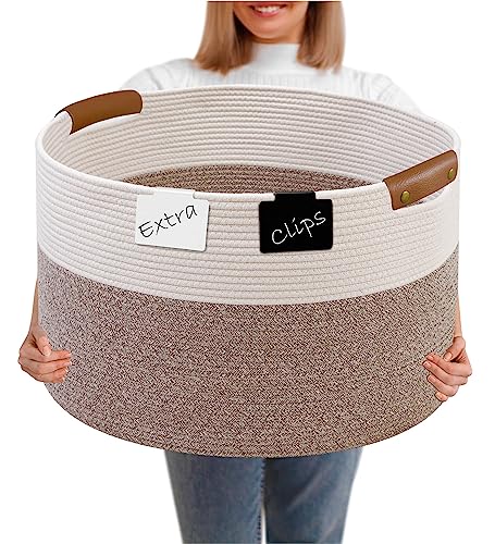 Image of CHAT BLANC Cotton Rope Baskets for Organizing, Shelves, Toys, Storage, Shoe, Bathroom, Laundry, Towel, Nursery, Home Decor, Blanket, Cloth Woven Bins Fabric (Creamy White & Brown, 22"x14")