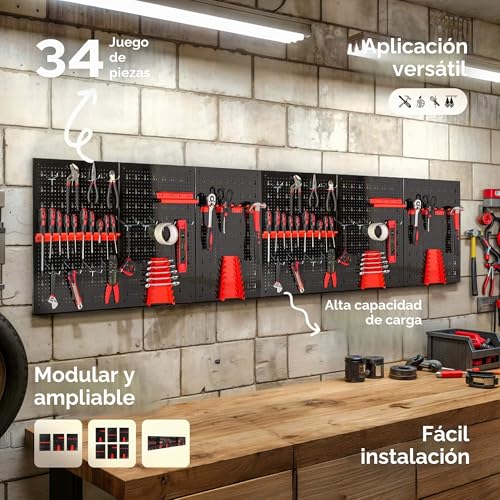 Miniatura 2 de Arebos Panel Portaherramientas De Pared 6 Piezas Kit Con 34 Ganchos 235,2x59,5 Cm Panel Perforado Metálico Para Taller Soportes Para Herramientas Incluye Material De Montaje Rojo