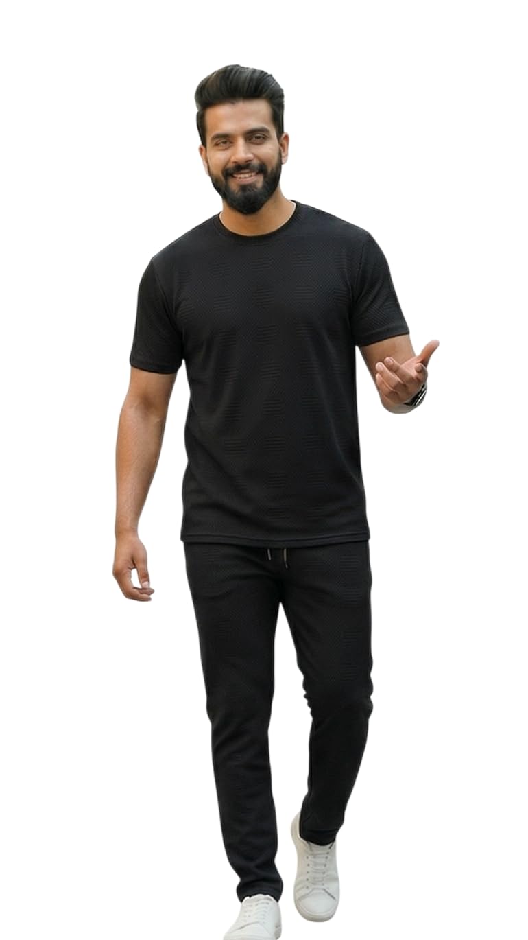 da blue Premium Men's Oatmeal Textured Knit Co-Ord Set for Men | Half Sleeve T-Shirt & Jogger Combo | Soft Casual Lounge Wear-picture-32