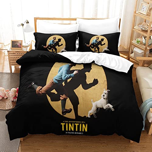 YINGD The Adventures of Tintin - Juego de funda de edredón con estampado 3D, póster de película, cierre de cremallera, juego de funda de edredón de 3 piezas para dormitorio, 140 x 200 cm