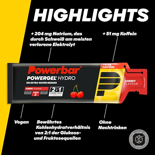 Powerbar - PowerGel Hydro - Cherry - 24x67ml - High Carb Energie Gel - Natrium - 51mg Koffein