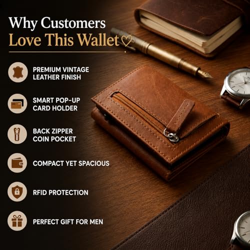 Image of Slim Leather Card Holder Wallet, Black, RFID Blocking, Zipper Pocket, Pop-Up Card Ejector (TAN)