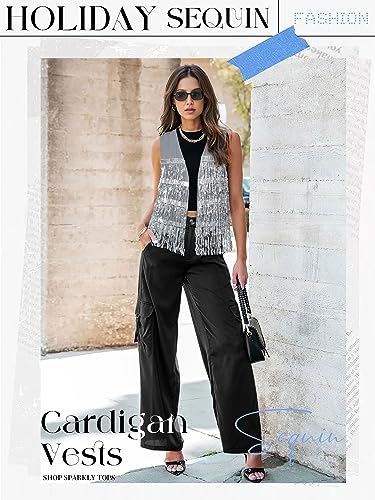 ZXZY Womens Sequin Fringe Sleeveless Vest Sparkly Lightweight Fitted Jacket Cardigan3