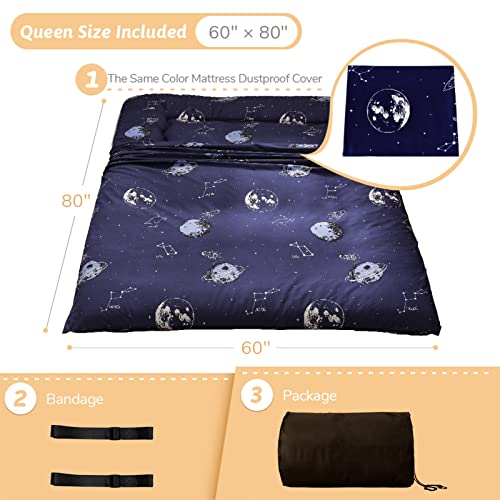 Image of MAXYOYO Navy Space Adventure Japanese Floor Futon Mattress, Thicken Tatami Mat Sleeping Pad Foldable Bed Roll Up Mattress Floor Lounger Bed Couches and Sofas for Kids Queen Size