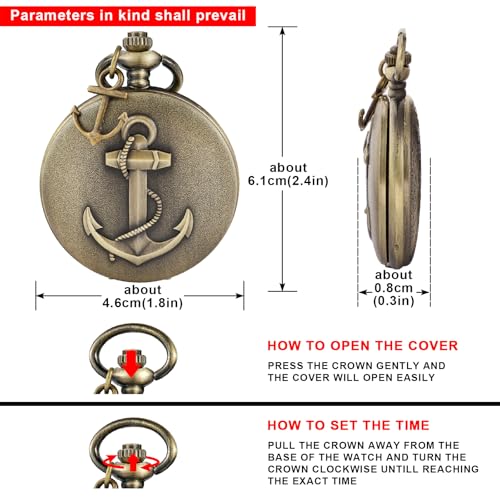 Image of Tiong Pocket Watch Anchor Pattern Design Roman Numerals Quartz with Chain Birthday Gifts