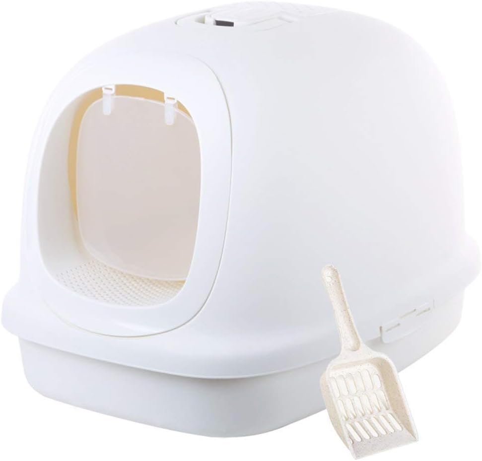 Large Cat Litter Box, Hooded Big Cat Litter Toilet, XL Trendy Kittie Cat Litter Pan with Litter Scoop (Pearl White)