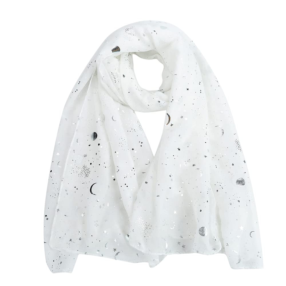 London Scarfs Women's White Silver Gold Glitters Shimmer Foil Stars Scarf Shawl Wrap (White)