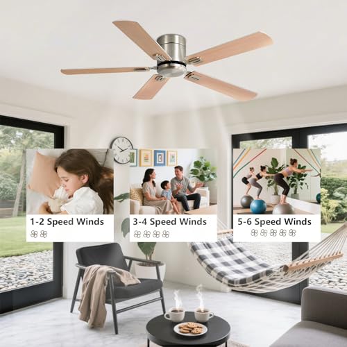 Ventilateur de plafond nickel sans éclairage avec moteur CC et télécommande 6 vitesses