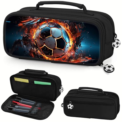 Image of Soccer Pencil Case for Boys - Large Pencil Pouch for Boys with Zipper Compartments & Handle - Big Capacity Pen Organizer Box Bag for Kids Teens School Supplies