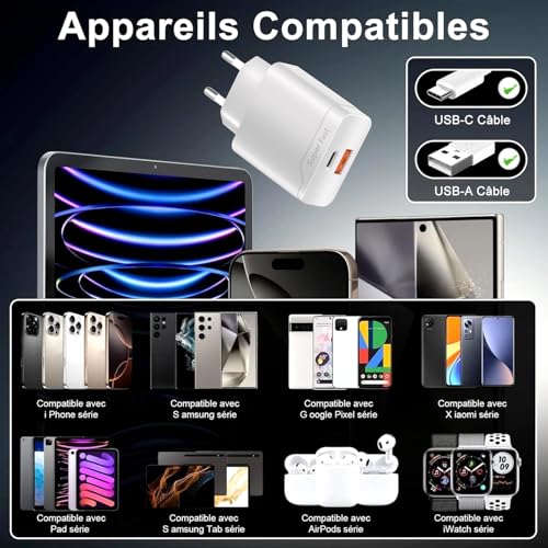 Chargeur Prise 2 Port Type C Rapide Compatible avec Apple iPhone 17 16 15 14 13 12, Adaptateur Secteur Universel Embout USB-C Bloc pour Samsung Galaxy et Xiaomi Google Pixel Telephone Portable/Watch – Image 3