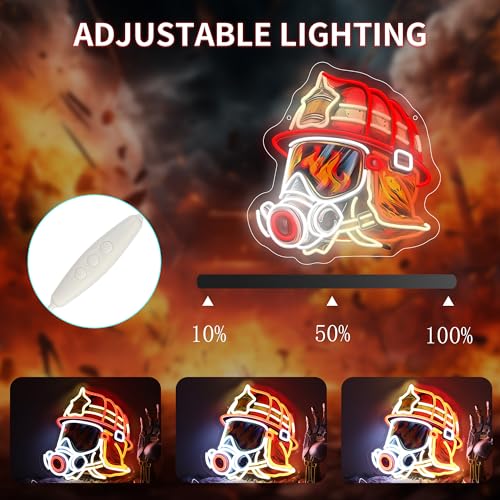 Image of Fire fighter Helmet LED Neon Sign USB Powered for Wall Decor,True Hero Firefighting Neon Night Light Sign Dimmable for Man Cave Room Party Decor, Firefighter Gifts for Men