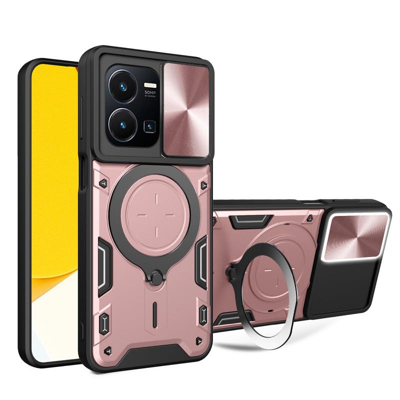 Nikaque for Vivo Y35 5G Case, Slide Camera Lens Cover, Metal Ring Holder Kickstand, Support Magnetic Shell, TPU PC Dual Layer, Heavy Duty Shockproof Phone Case Cover for Vivo Y35 5G, Pink