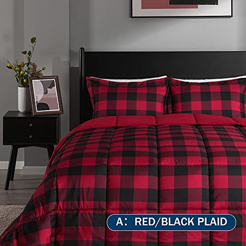 Image of downluxe Lightweight Plaid Comforter Set (Queen) with 2 Pillow Shams - 3-Piece Set - Red /Black Plaid - Down Alternative Reversible Comforter