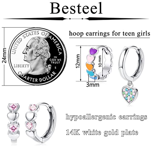 Besteel 3 Pairs Double Love Heart Hypoallergenic Hoop Earrings For Women, Small Silver Huggie Earrings Hoops For Women, Cute Colorful Cubic Zirconia Sleeper Butterfly Hoop Earrings Cartilage Dangling Sets For Sensitive Ears #TOP1