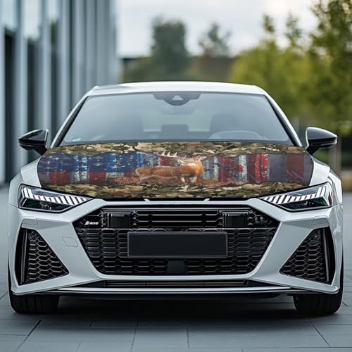 Image of 59x39 Inch Hood Cover for Compact Cars SUV Sedans Trucks, Waterproof Stretchable Car Hood Wraps Deer American Flag Print Auto Banner Auto Dcorative Accessories