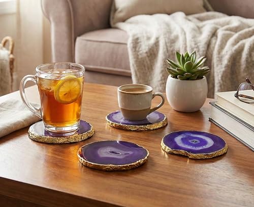 eSplanade Lot de 4 dessous de verre en agate naturelle pour bar, bière, café, thé - Accessoires de table parfaits - Violet