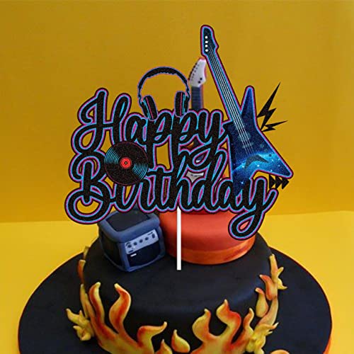 Electric Guitar Happy Birthday Cake Topper Black Purple Glitter Rock And Roll Musical Music Notes Theme Birthday Cake Decor Rock Music Vintage Rock Party Decoration Supplies For Kids Boys Girls #TOP3