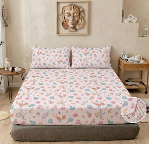 Image of VAS COLLECTIONS Cloud Cotton Corner Elastic Fitted Double Bedsheet Set (78 x 72 + 8 Inches) with 2 Pillow Covers | 160-180 TC Soft Breathable Cotton Fitted Sheet | Bed Sheet (Tropical Leaf Print)