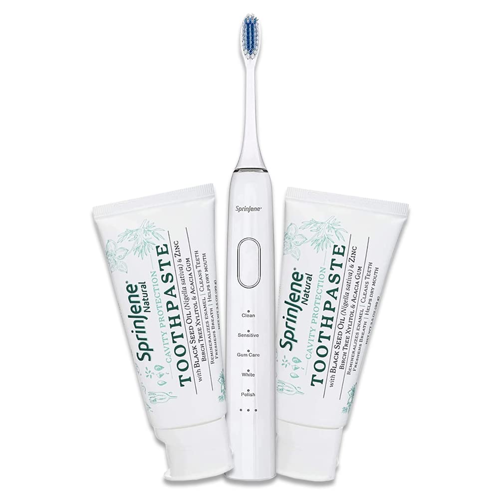 SprinJene Natural Fluoride Toothpaste for Healthy Teeth & Gums (2 Pack) + Electric Toothbrush with Wireless Charger & 2 Replacement Heads