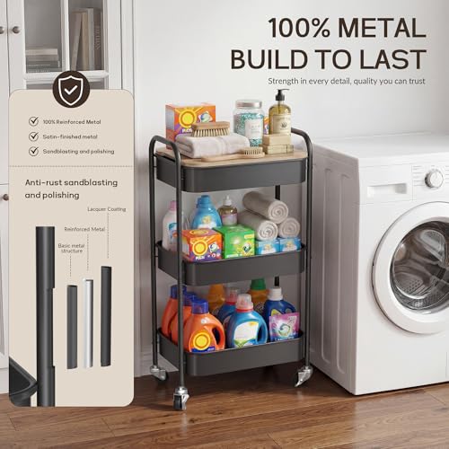 Image of DTK 3 Tier Rolling Cart with Wheels, Heavy Duty Metal Utility Cart, Mobile Storage Organizer with Lockable Casters, Multi-Purpose Rolling Cart for Nursery, Bathroom, Kitchen, Office, Classroom