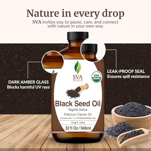 Image of SVA Black Seed Oil Organic - 32 Fl Oz - 100% Natural Cold Pressed Organic Black Seed Oil - for Face, Skin Care, Hair Care, Scalp Massage & Body Massage - Carrier Oil