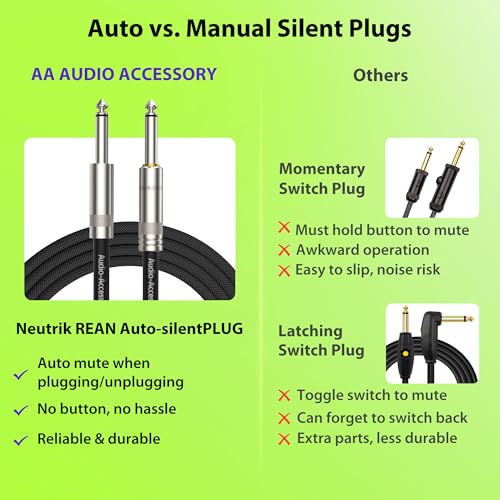 Image of AA AUDIO ACCESSORY Silent Guitar Cable 50 ft, Neutrik REAN silentPLUG, Kevlar-Reinforced Nylon Braided Anti-Kinking, Auto Mute 20 AWG 99.99% OFC 1 /4 Instrument Cable, Shielded Amp Cord for Bass Guitar