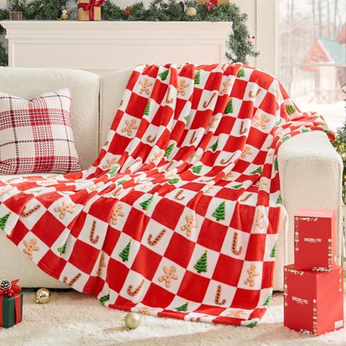Image of BEDELITE Christmas Blanket Twin Size - Red and White Checkered Holiday Throw with Gingerbread Man, Candy Cane & Christmas Tree Pattern, Soft Fleece Christmas Blanket for Home Decor & Gift, 60 inchx80 inch