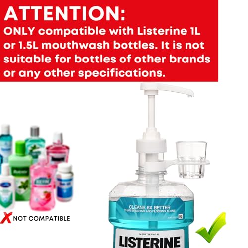 Dispenser Pumps for Listerine 1 or 1.5 Liter Mouthwash Bottles with Cup Holders, Resuable Cups and Clear Plastic Paper Cup Dispenser - Fits Total Care, Original, Zero Alcohol, Cool Mint, etc4