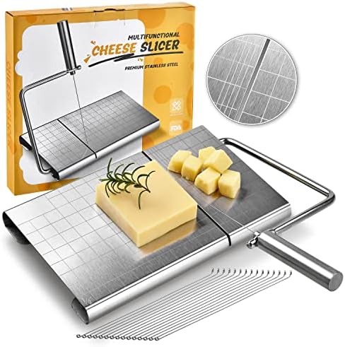COCOBOSS Stainless Steel Cheese Slicer - Multifunctional Cheese Slicer and Food Cutter with 15 Replacement Wires, Cheese Slicer Board with Precision Graduation, Wire Slicer