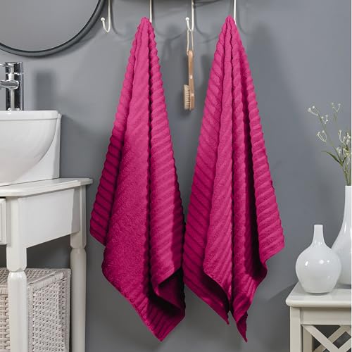 Image of Elegant Comfort 100% Turkish Cotton Corduroy Ribbed Luxury Soft 2 Pack Bath Towels 27 x 54 Inch - Ultra Plush, Absorbent, Quick Dry, Hotel Spa Quality Towels for Bathroom Essentials, Hot Pink