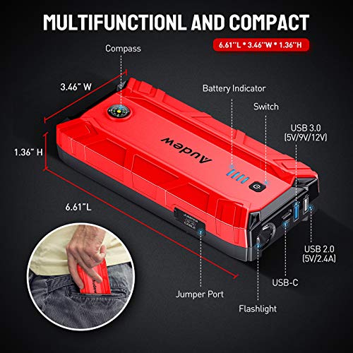 Audew Jump Starter, 1500A Peak 18000mAh Portable Jump Starter (Up to 8L Gas or 6.0L Diesel Engine), 12V Auto Battery Booster with Quick Charge, Built-in LED Light - Thumbnail 5