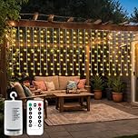 CCILAND Battery Curtain Lights with Remote, 4M x 1M 200 LED Curtain Lights Outdoor Waterproof with 8 Modes Timer Dimmable for Garden Fence Gazebo Wall Party Decor (Warm White)