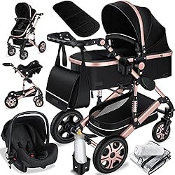 Carro Bebé Completo KESSER® Loops 3 in 1 Stroller combo juego completo de sillas de paseo incl. Asiento deportivo para bañera y silla de paseo, neumáticos de caucho macizo, bolso cambiador, negro/Rosé oro