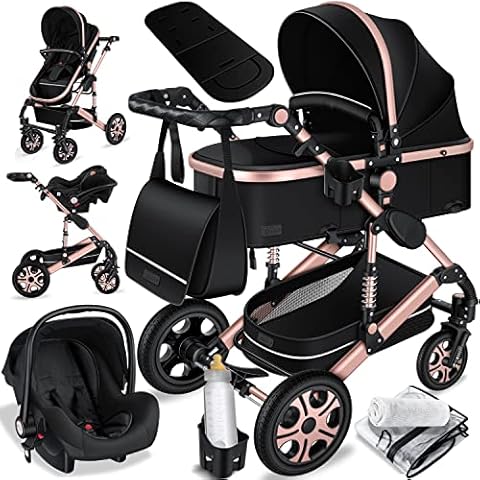 KESSER® Loops 3 in 1 Kinderwagen Kombikinderwagen komplettset incl. Babywanne & Buggy Sportsitz & Auto-Babyschale - Voll-Gummireifen - Wickeltasche/Regenschutz/Kindertisch Set Schwarz/Rosé Gold Cover
