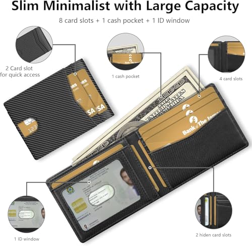 Auskang Wallet for Men, Classic Bifold Mens Wallet, Minimalist Slim wallet Credit Card Holder, Genuine Leather, Black (No Pattern)2
