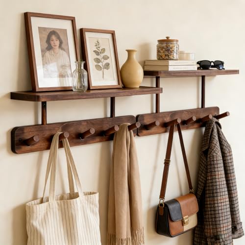 LEMIKKLE Wooden Coat Hooks Wall Mounted Can be Installed Without Drilling or with Drilling 5 Wooden Hooks Storage Rack Holds Clothes Hats Keys Towels Bags for Entryway Bedroom Living Room