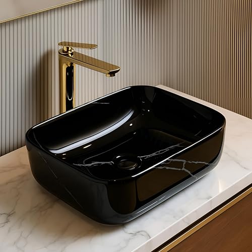 Image of BASSINO 16x12x6 Inches Ceramic Wash Basin for Bathroom /10 Years Warranty /Black & White Designer Table Top Washbasin /Rectanglar Shape Counter Top Small Wash Basin for Dining Hall /Living Room(Glossy)