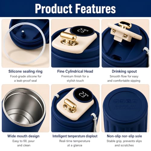 Image of Coffee Travel Mug with Smart LED Temperature Display - Made of 304 Stainless Steel- Leakproof Reusable Tea & Water Bottle for Office, Car & Outdoor with Carrying Loop - 460 ml