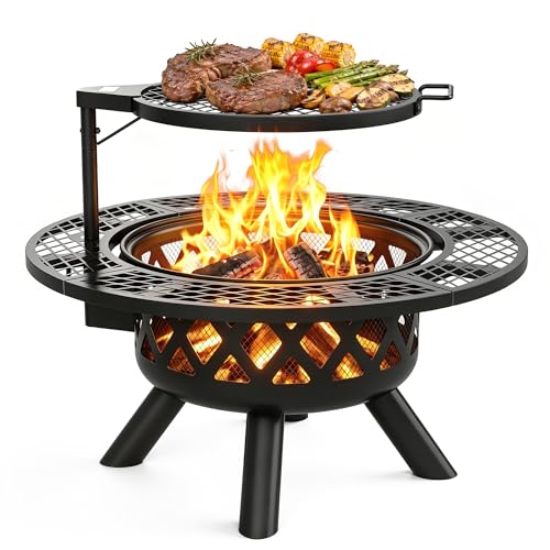 BALI OUTDOORS Fire Pit with Poker, 32 inch Outdoor Fire Pit Patio, Wood Burning Firepits for Outside with Grill