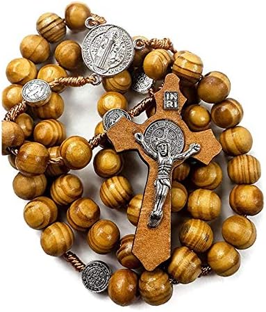 Miniatura 8 de Faith & Gospel Hertos - Collar con cuentas de madera para rosario, medalla de San Benito y cruz católica, cuerda de coronilla de oración religiosa,